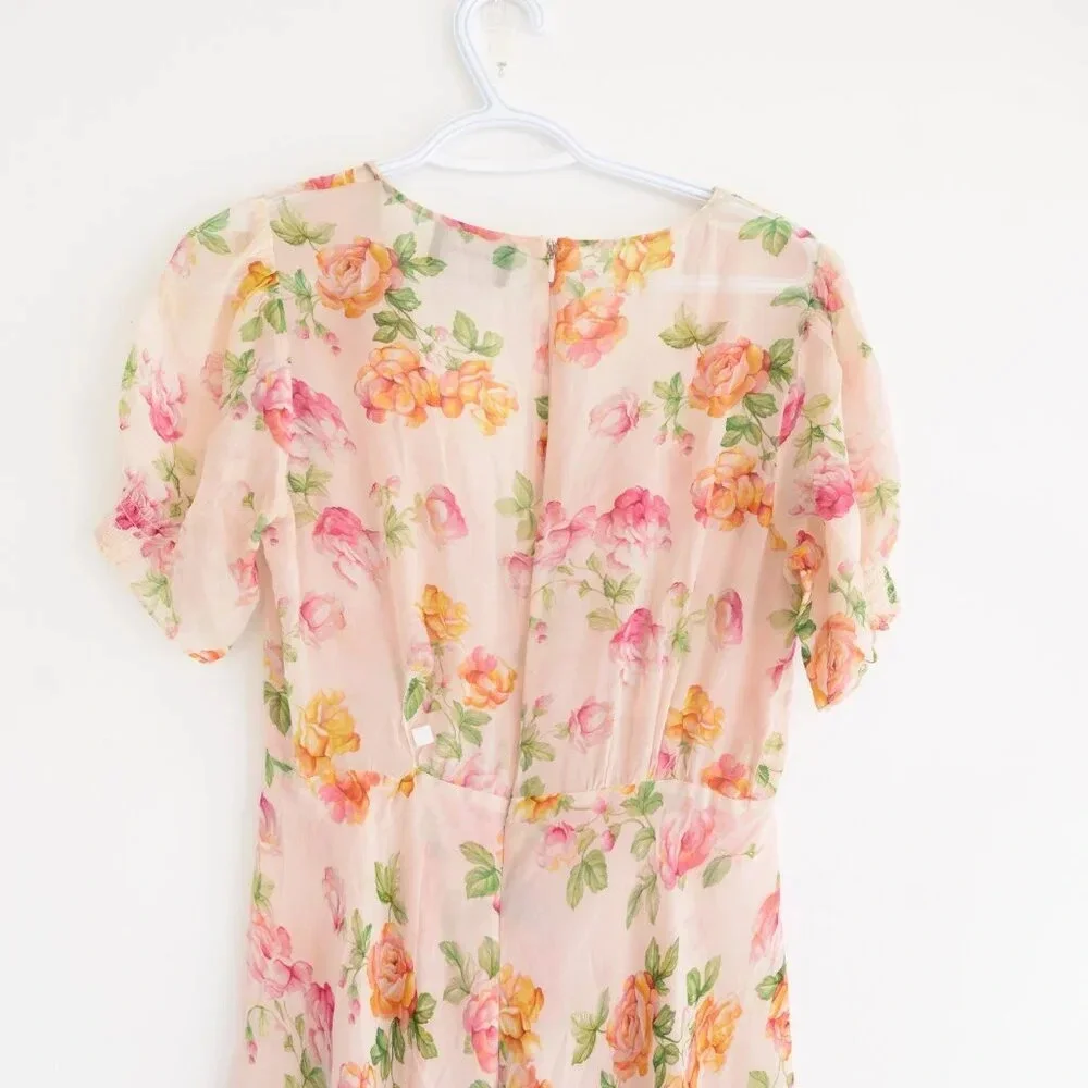 Kooples  Antique Pink Floral 100% Silk Puff Sleeve Button Down Slip Midi Dress - Picture 12 of 14